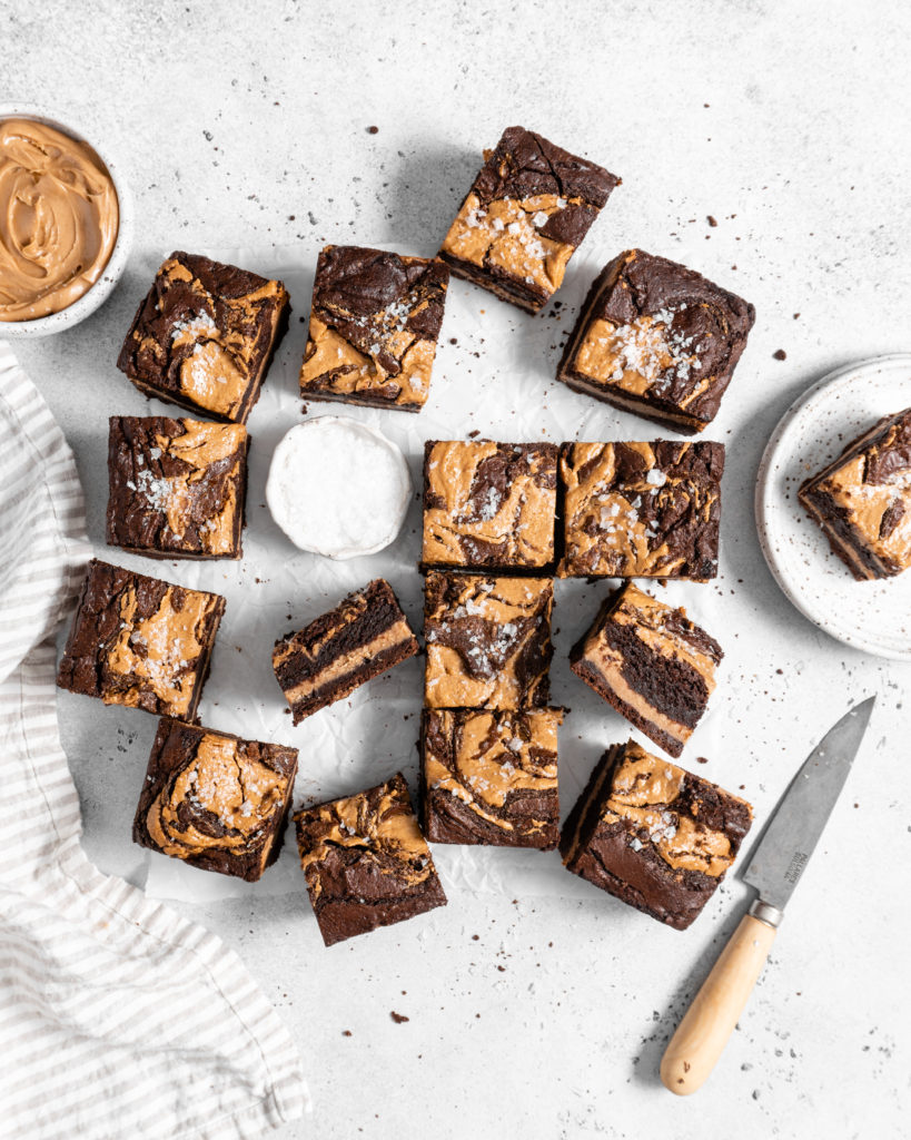 fudgy Peanut Butter stuffed brownies with peanut butter swirl on top