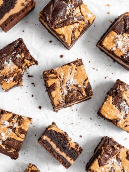 fudgy Peanut Butter stuffed brownies with peanut butter swirl on top