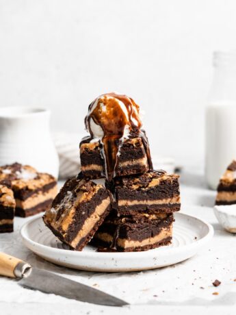 fudgy Peanut Butter stuffed brownies with peanut butter swirl on top