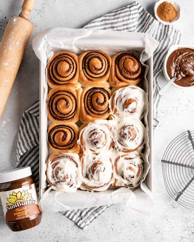 fluffy cinnamon rolls filled with peanut-free chocolate sunbutter spread to create Chocolate SunButter Cinnamon Rolls