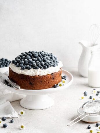 Single layer blueberry elderflower cake is topped with creamy mascarpone whipped cream and a ton of fresh, plump blueberries