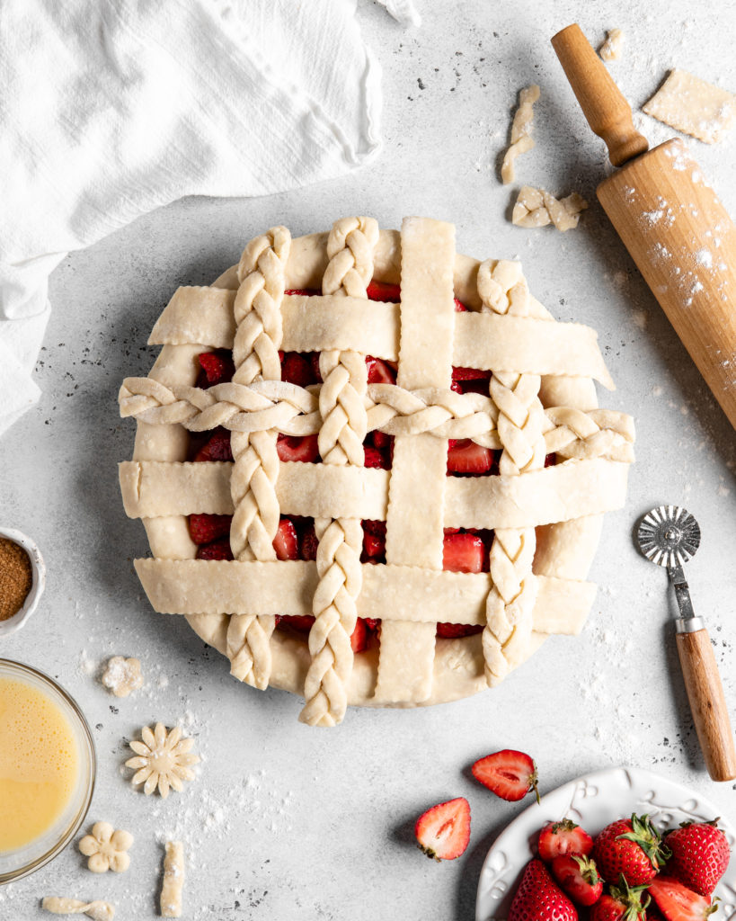 Strawberry pie with flaky pie crust and thick jammy pie filling