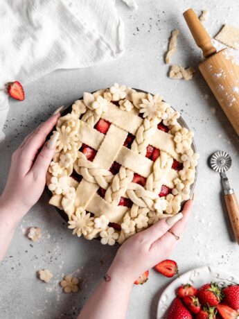 Strawberry pie with flaky pie crust and thick jammy pie filling