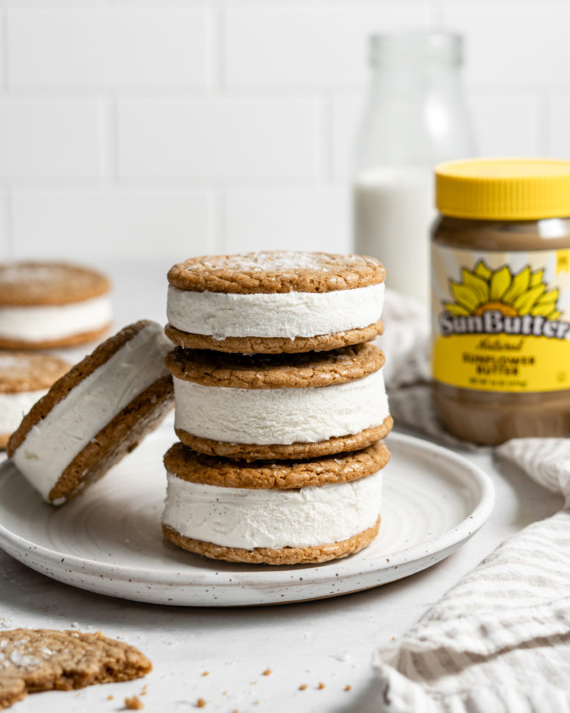SunButter Cookie Ice Cream Sandwiches using soft sunbutter cookies and vanilla ice cream