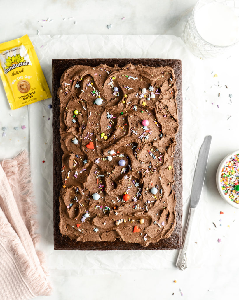 Chocolate Sheet Cake with SunButter Chocolate Buttercream topped with sprinkles
