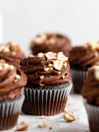 Chocolate Hazelnut Nutella Cupcakes with Nutella Frosting and crushed hazelnuts