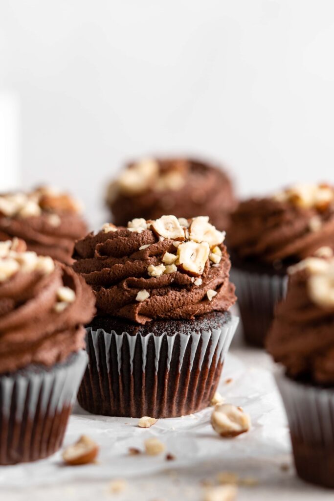 Chocolate Hazelnut Nutella Cupcakes with Nutella Frosting and crushed hazelnuts