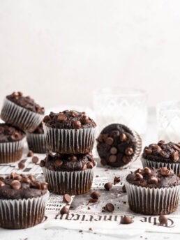 Fluffy Double Chocolate Chip Muffins are made with dates, making them refined-sugar free