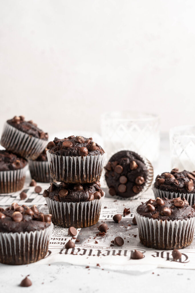 Fluffy Double Chocolate Chip Muffins are made with dates, making them refined-sugar free
