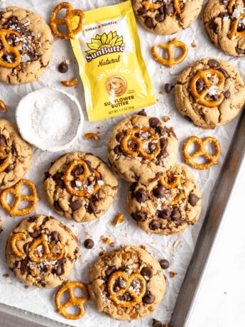 Thick and chewy SunButter Toffee Pretzel Cookies with lots of chocolate chips