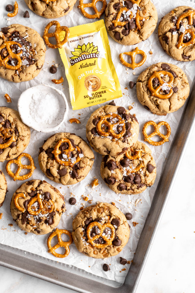 Thick and chewy SunButter Toffee Pretzel Cookies with lots of chocolate chips