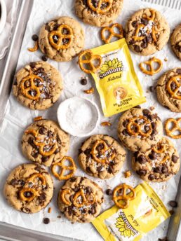 Thick and chewy SunButter Toffee Pretzel Cookies with lots of chocolate chips