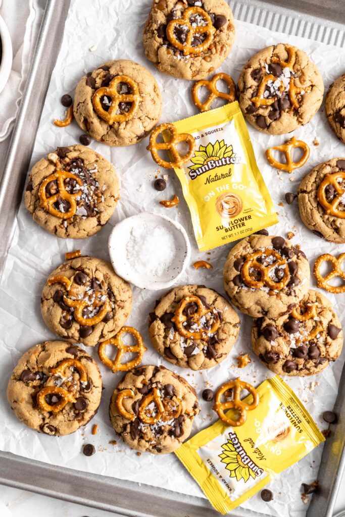 Thick and chewy SunButter Toffee Pretzel Cookies with lots of chocolate chips