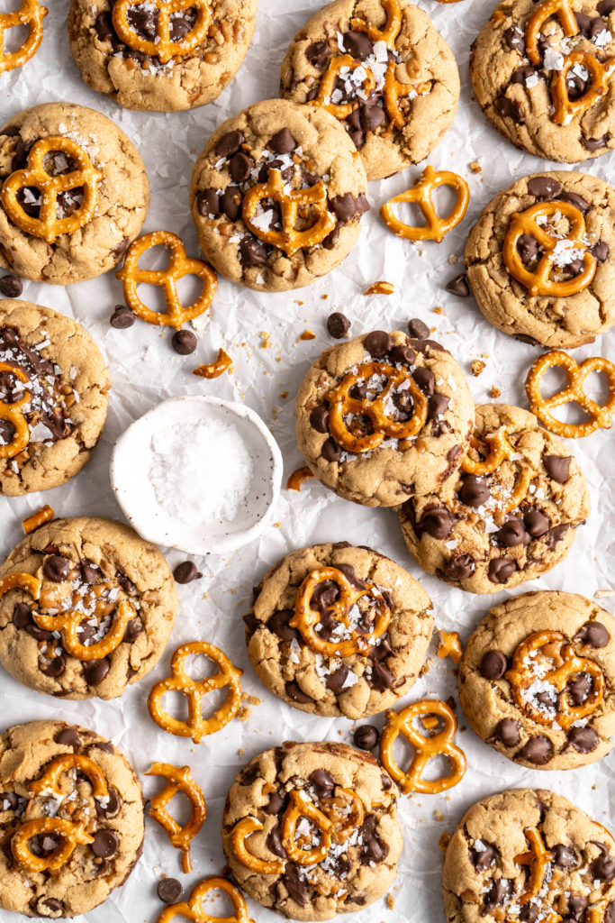 Thick and chewy SunButter Toffee Pretzel Cookies with lots of chocolate chips