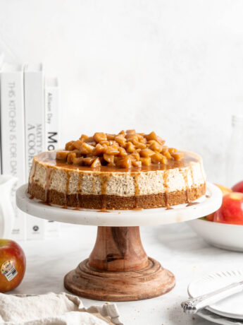 Creamy rich apple spice cheesecake topped with a delicious cinnamon apple compote