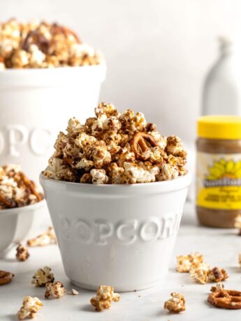Sweet SunButter Caramel Popcorn mixed with salty pretzels and creamy chocolate