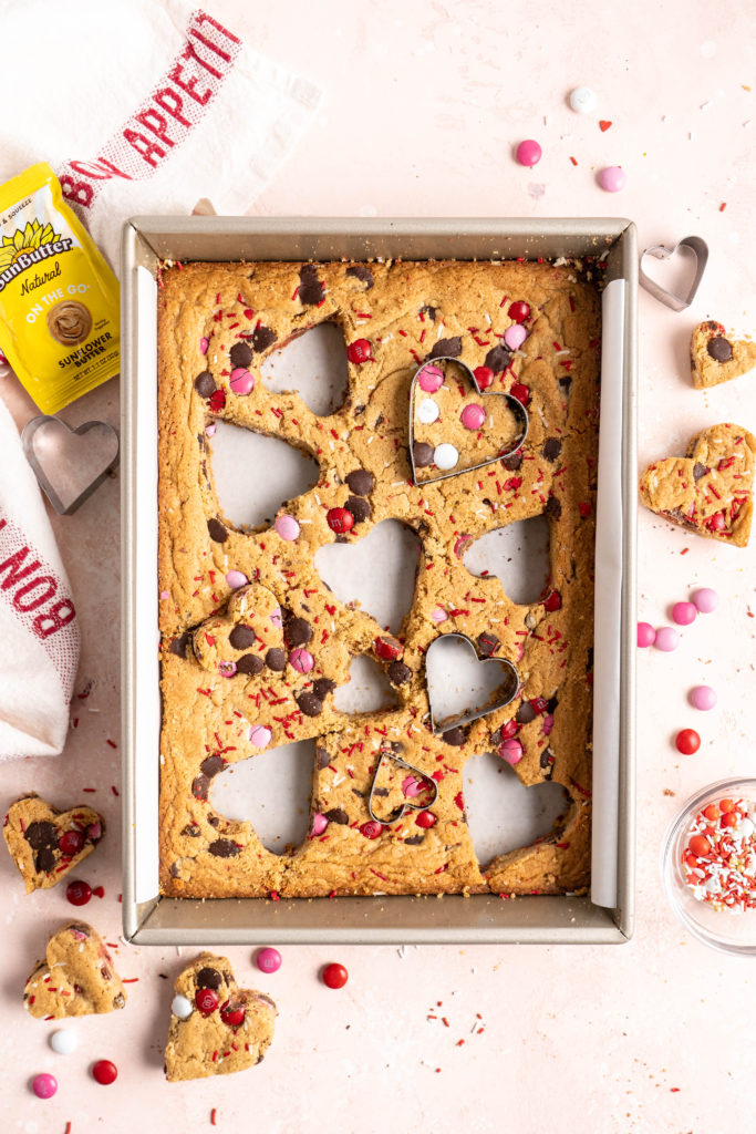 Heart shaped chewy one bowl SunButter m&m blondies