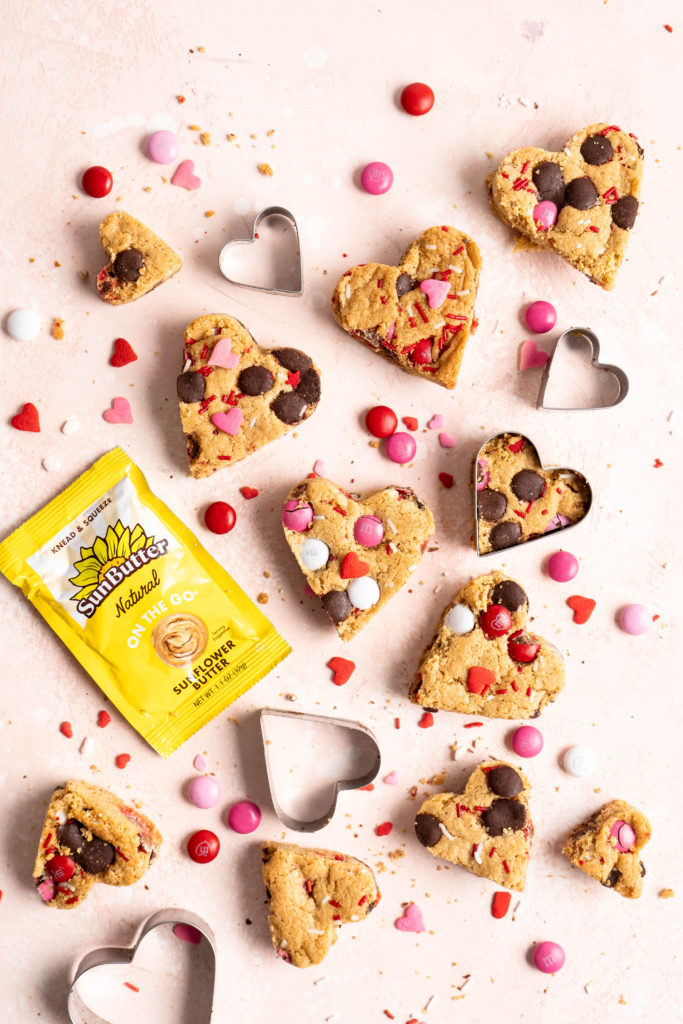 Heart shaped chewy one bowl SunButter m&m blondies