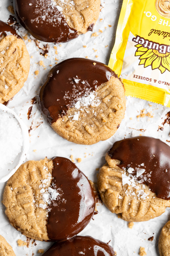 Chocolate dipped chewy SunButter cookies