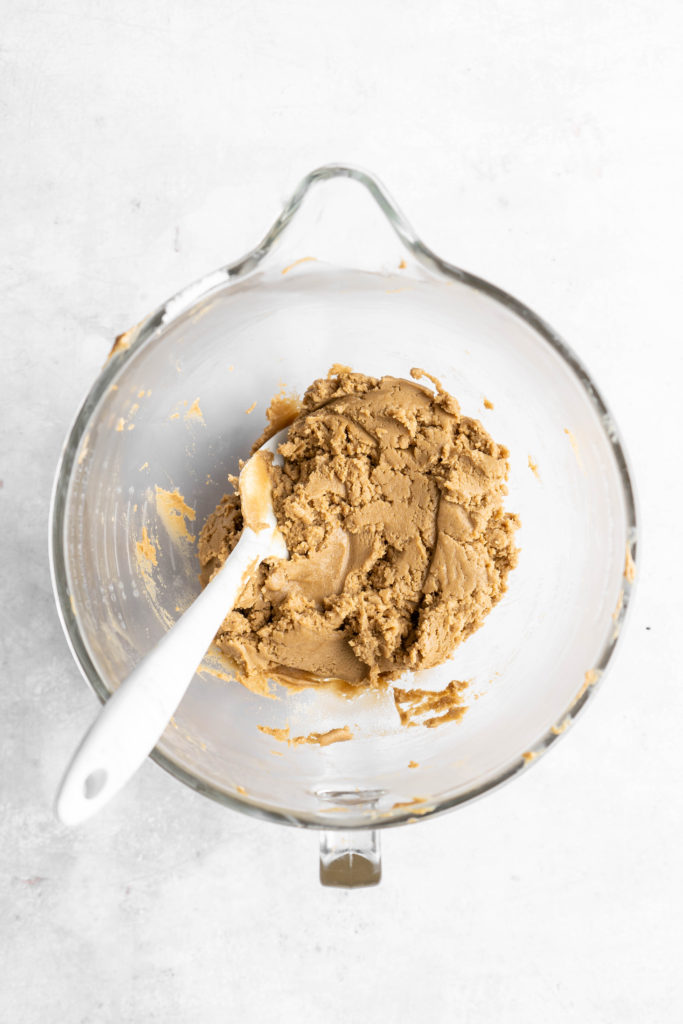 SunButter cookie batter in a stand mixer bowl