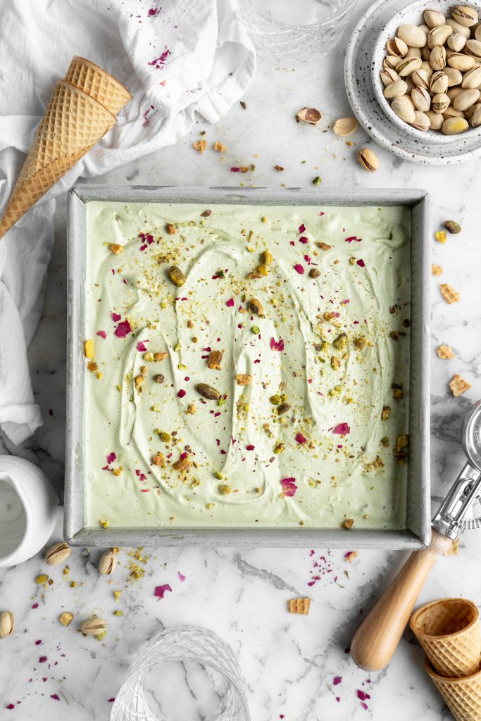 pistachio ice cream in a baking pan