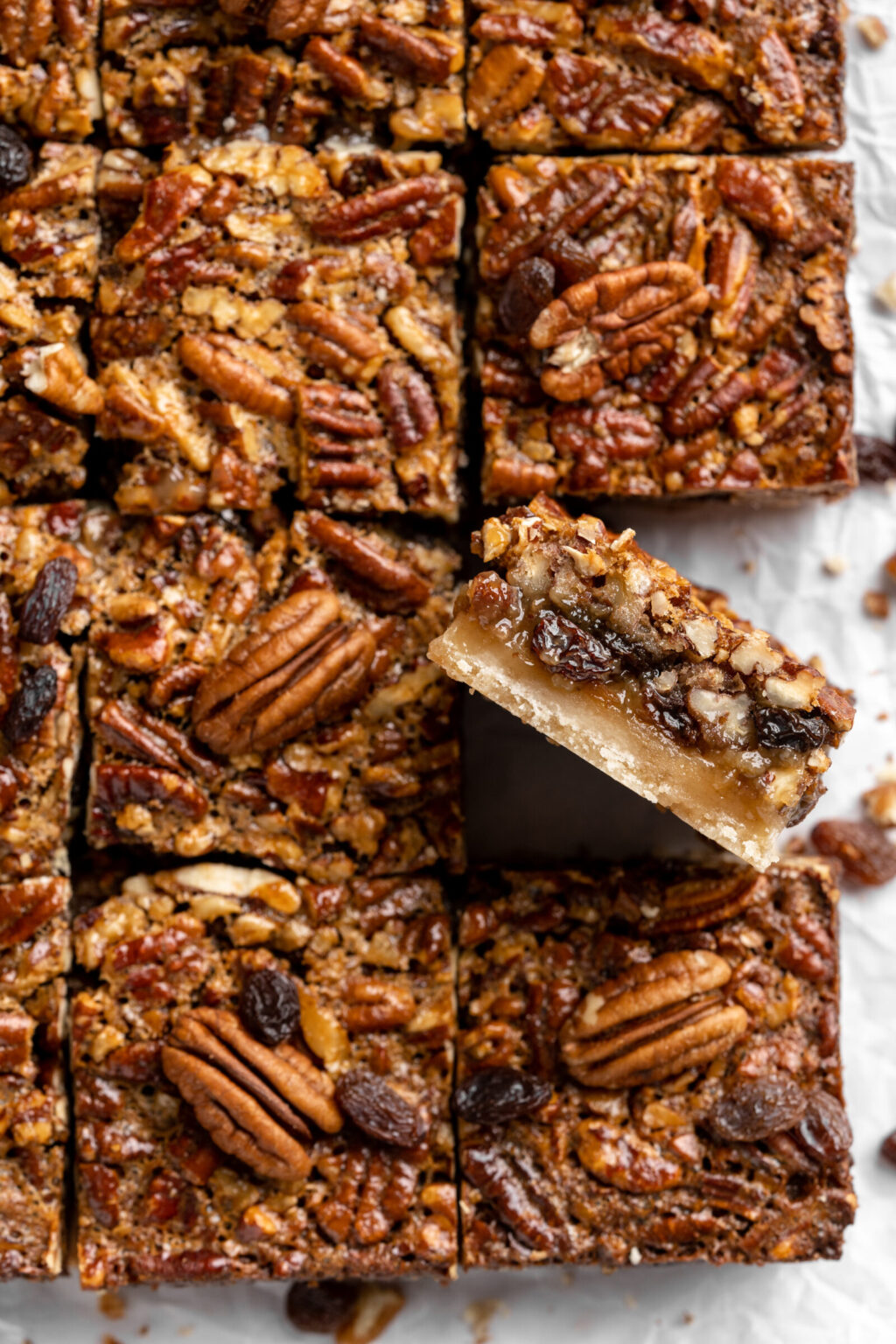 Pecan Pie Bars with Raisins and Shortbread Crust - Food Duchess