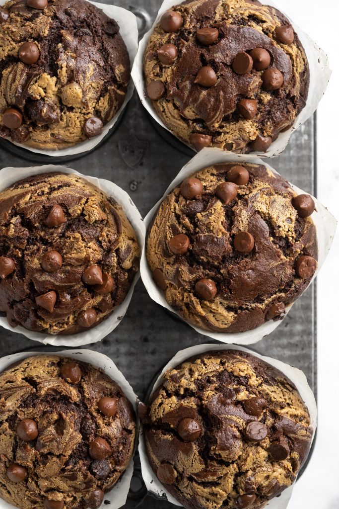 Tops of bakery style double chocolate chip muffins